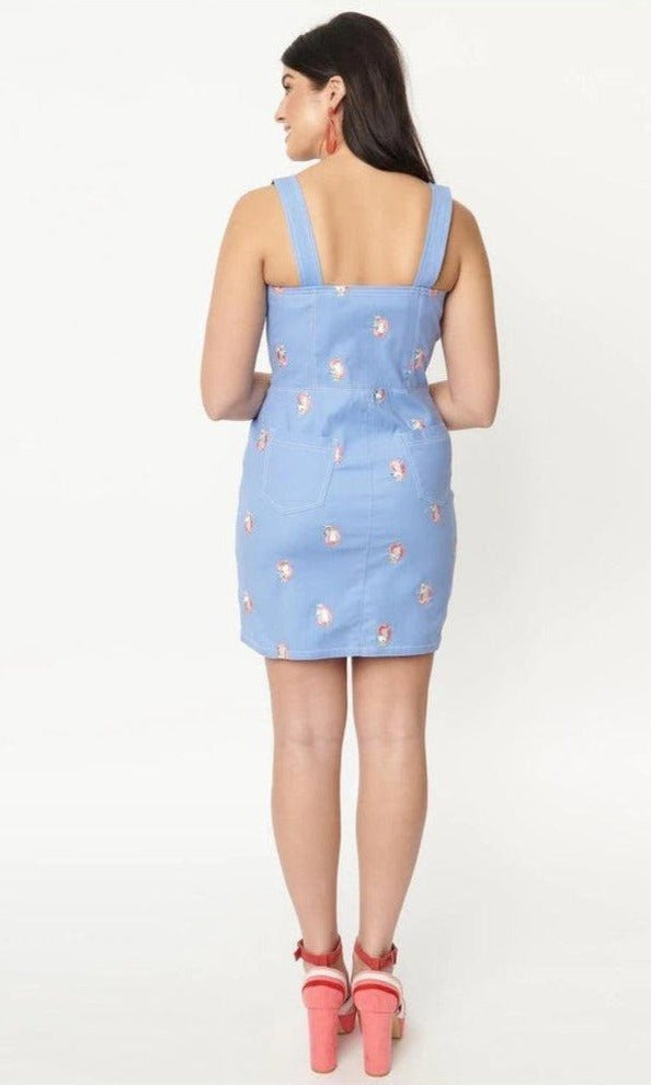 Shop Unique Vintage Unique Vintage Periwinkle Denim & Unicorn Fitted Pinafore Dress for women – premium loungewear and festival fashion at Spoiled Brat