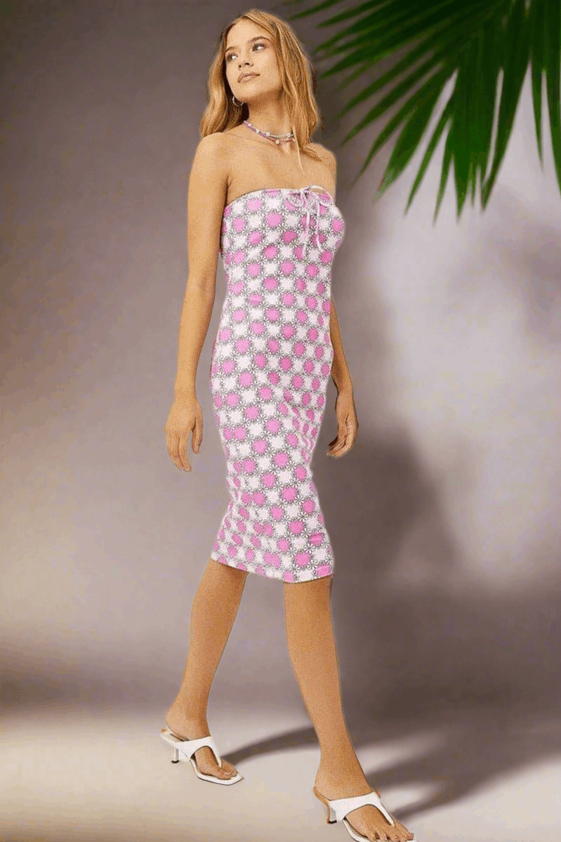 Frankies Bikinis Hope Strapless Terry Dress in Pink Daisy Midi Dress by Frankies Bikinis as seen on celebrities