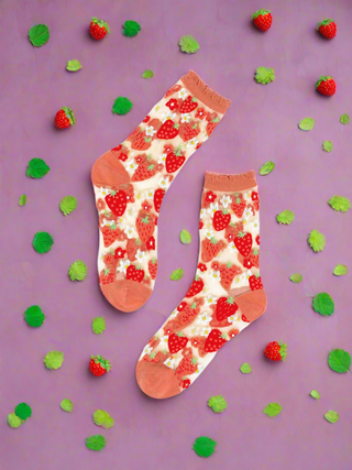 Sock Candy Strawberry Daisy Ruffle Sheer Crew Sock as seen on Chrissy Teigen