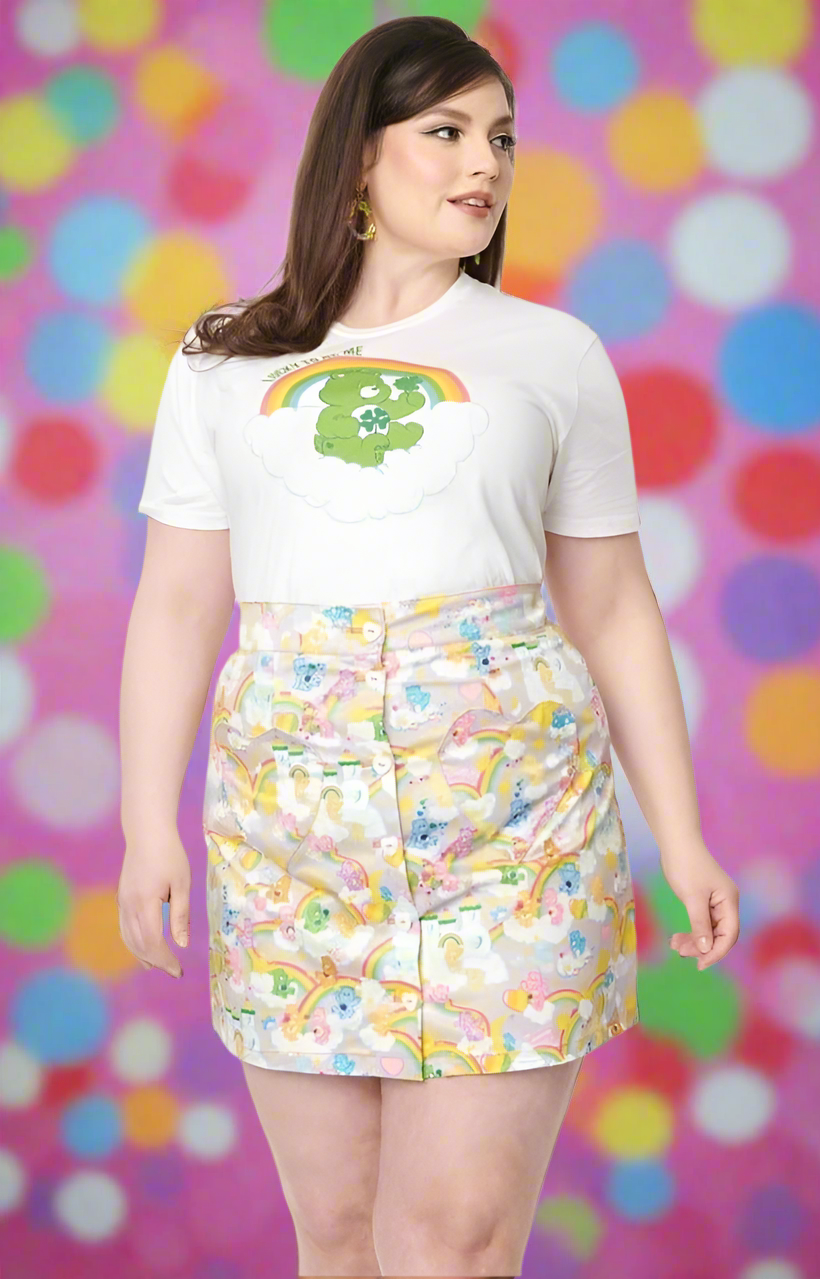 Shop Unique Vintage Care Bears x Unique Vintage Plus Size Kingdom Of Caring Print Mini Skirt online at Spoiled Brat