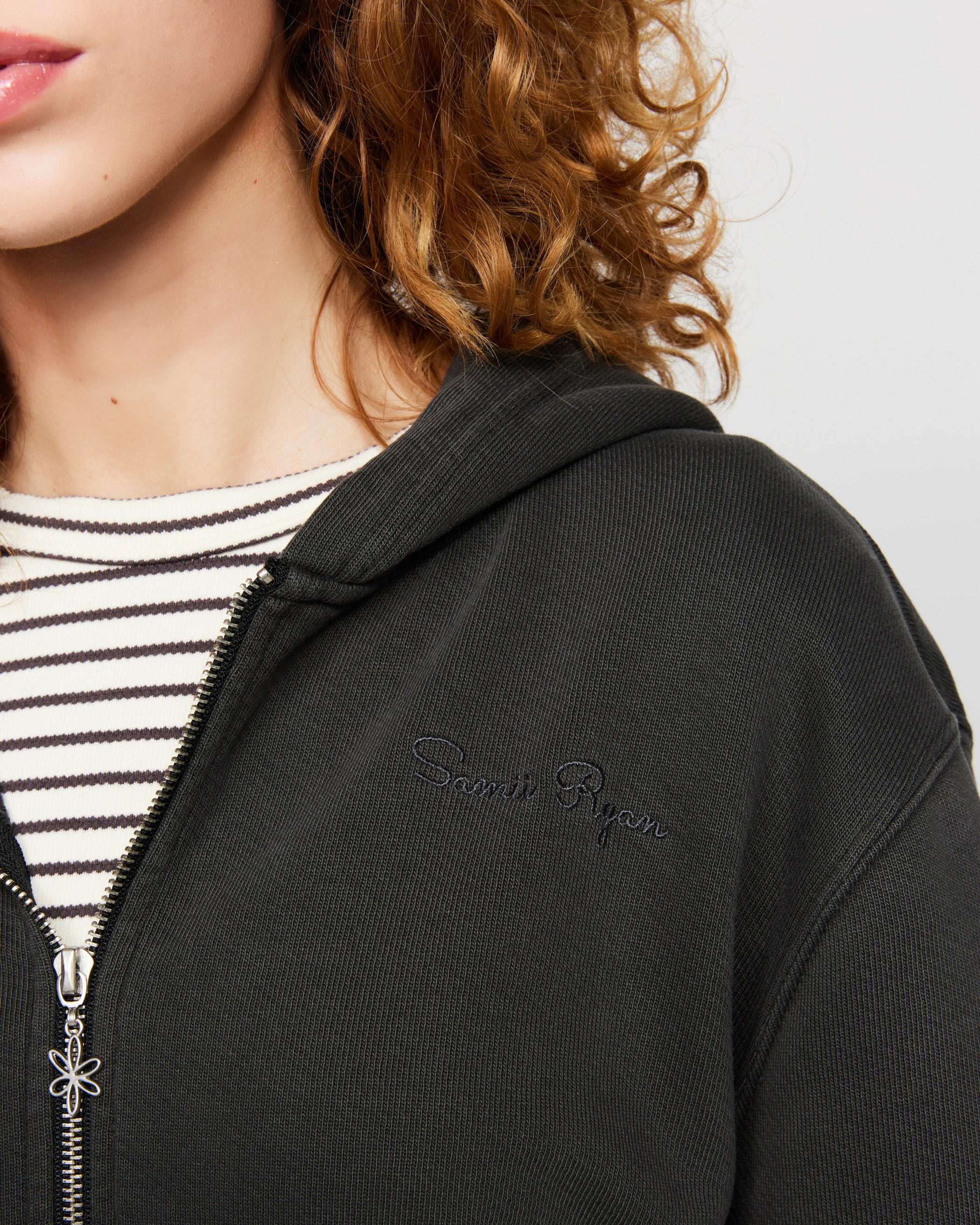 Samii Ryan Black Stone Wash Zip-Up Hoodie Hooded Sweatshirt by Samii Ryan as seen on celebrities
