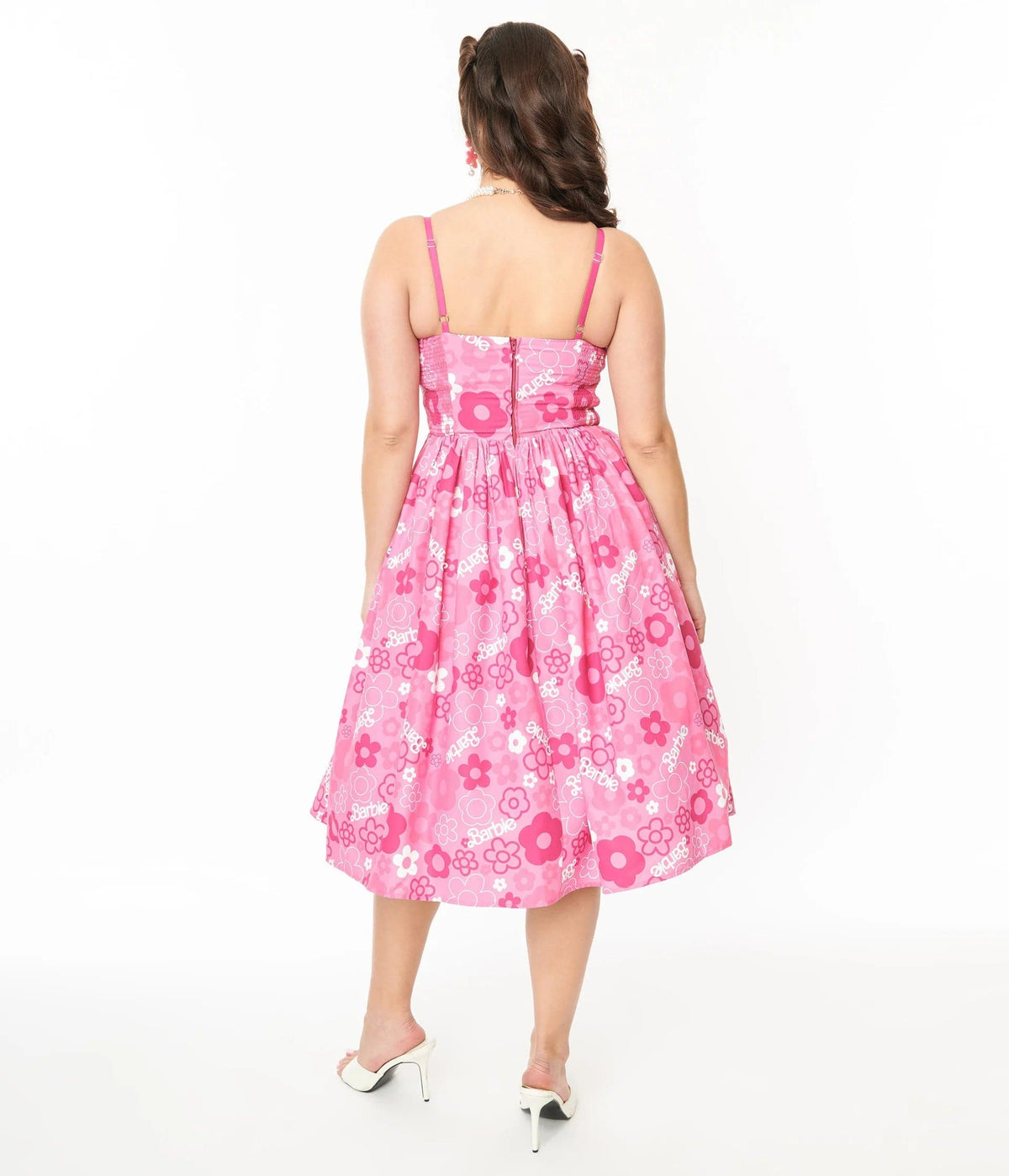 Shop Unique Vintage Barbie X Unique Vintage Pink Barbie Print Swing Dress online at Spoiled Brat