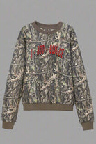 Camouflage sweatshirt with red text on a white background