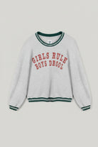 Gray Boys Lie sweatshirt with 'Girls Rule Boys Drool' text on a white background