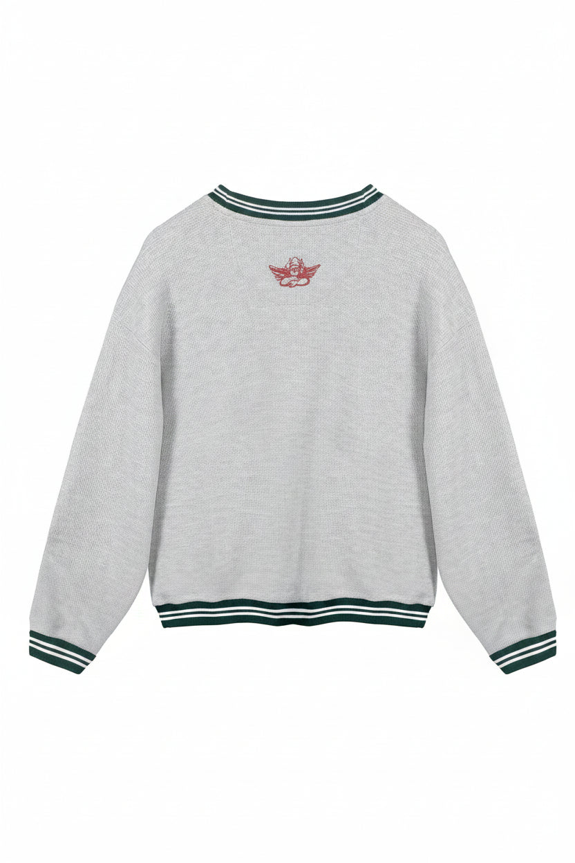 Gray sweater with a small red logo on the back against a white background