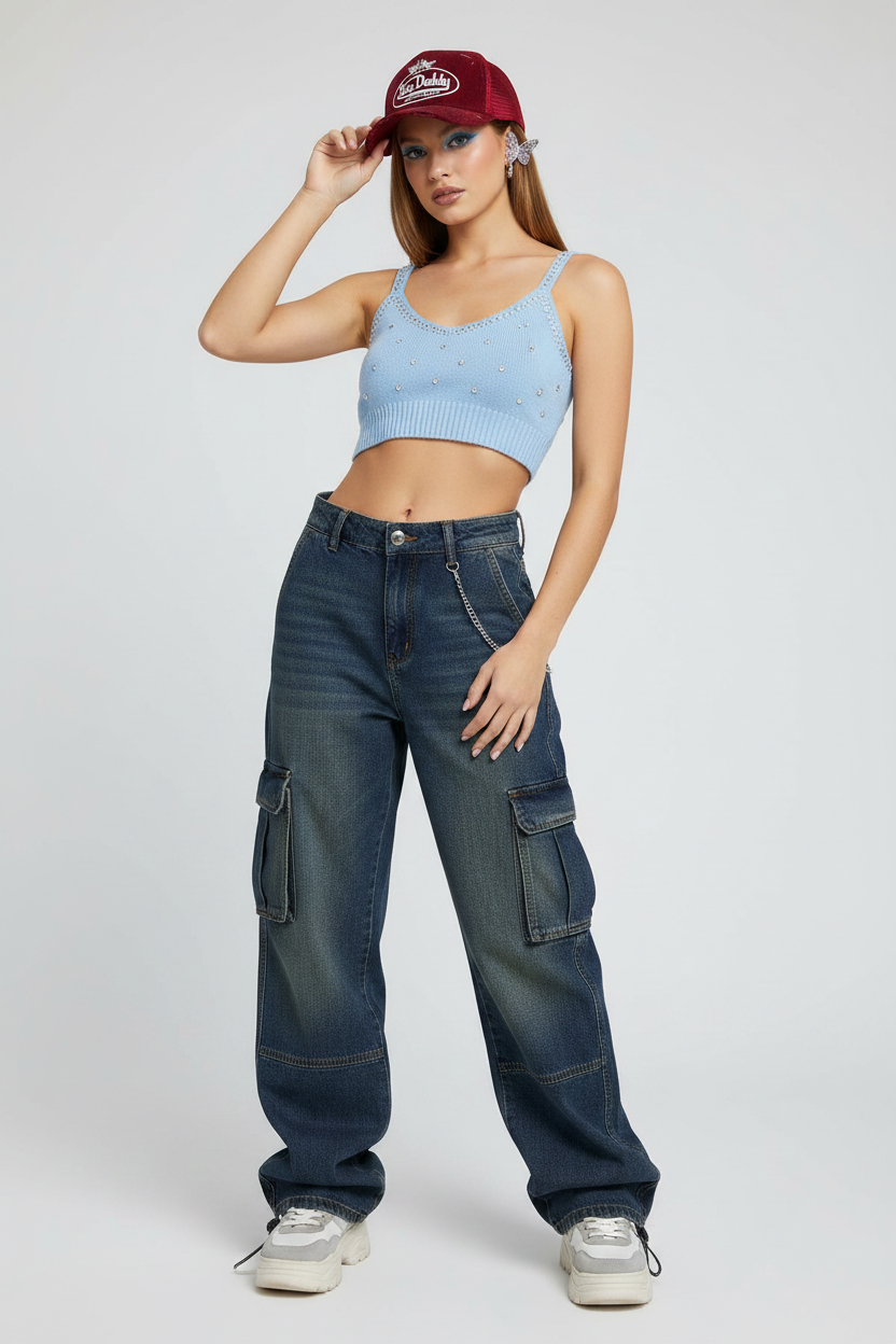 Woman wearing a light blue crop top, dark blue cargo pants, and a red cap on a white background