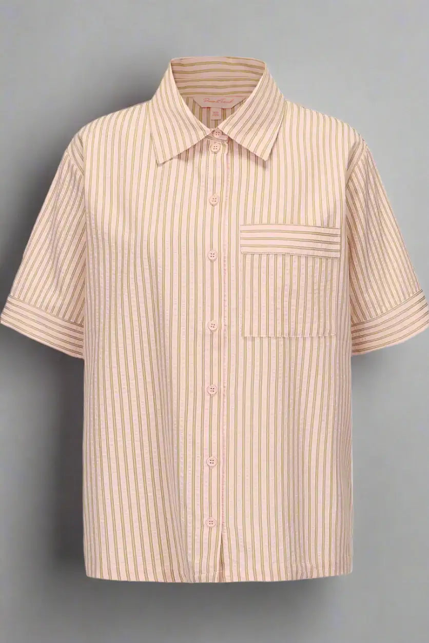 Beige striped short-sleeve shirt on a light gray background