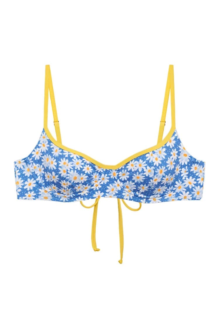 Frankies Bikinis Cola Underwire Balconette Bikini Top in Blue Daisy Bikini Top by Frankies Bikinis as seen on celebrities
