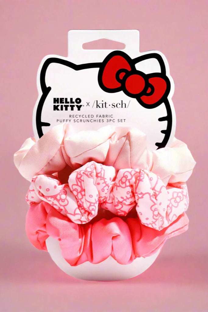 Hello Kitty x Kitsch Recycled Fabric Puffy Scrunchies 3pc Set Hair Band by Kitsch as seen on celebrities
