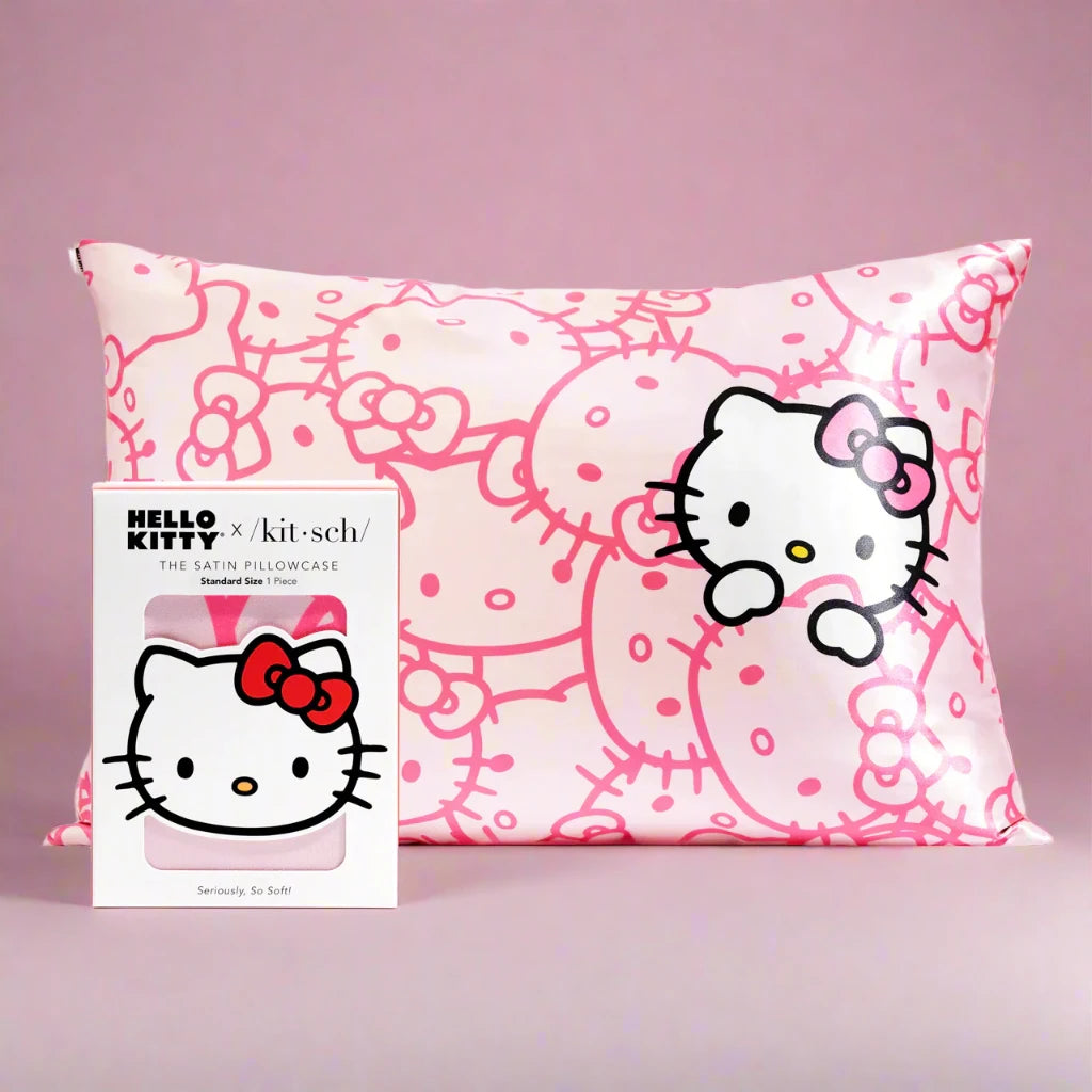 Shop Kitsch Hello Kitty x Kitsch Satin Pillowcase - Pink Hello Kitty Faces online at Spoiled Brat