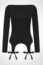 Black long-sleeve top with cut-out design and tie details on a white background