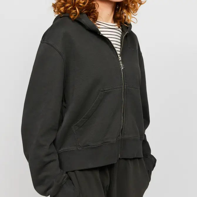 Samii Ryan Black Stone Wash Zip-Up Hoodie Hooded Sweatshirt by Samii Ryan as seen on celebrities