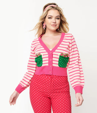 Shop Smak Parlour 1960s Pink Stripes & Strawberry Pocket Cardigan Online