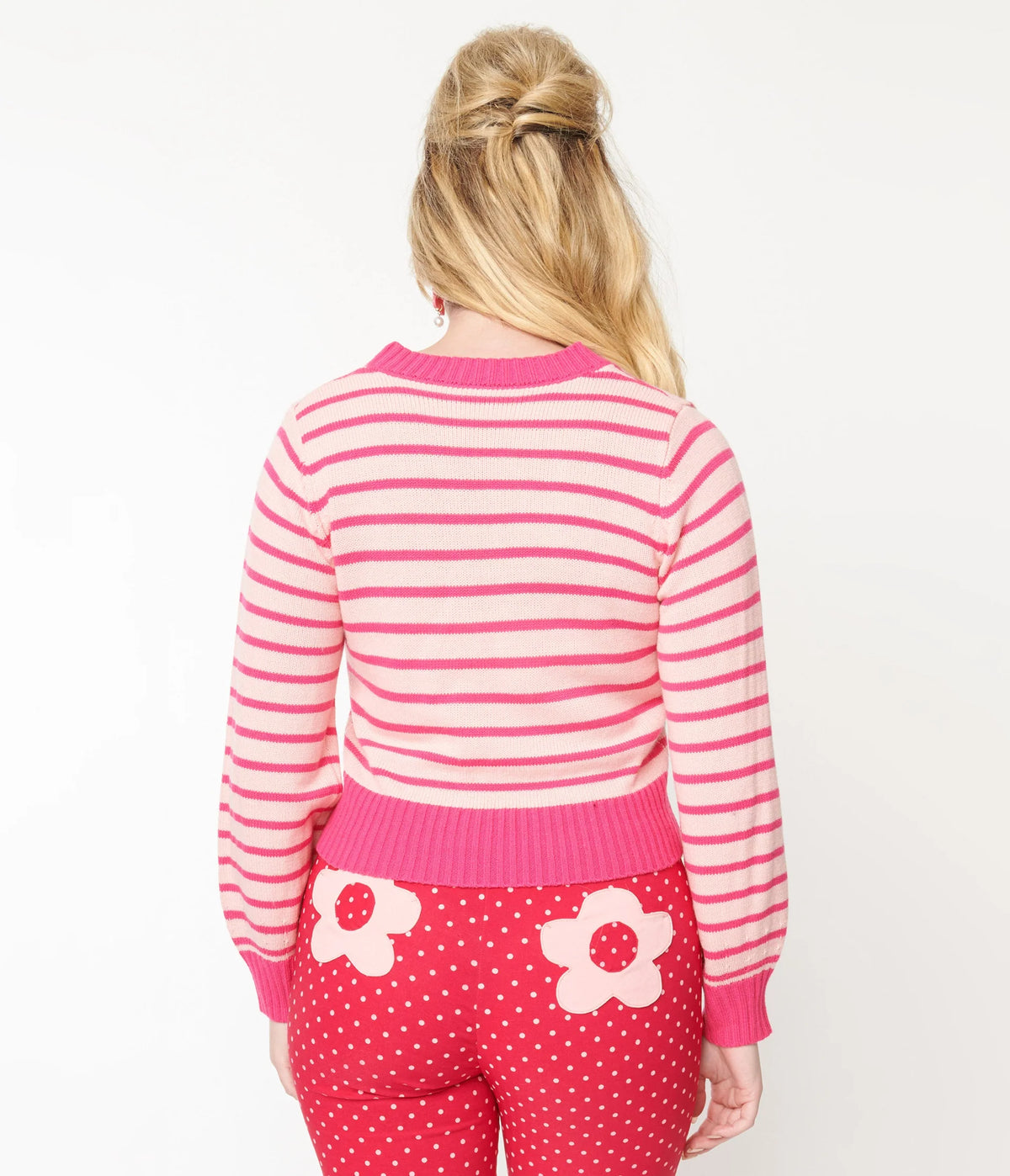 Shop Unique Vintage Smak Parlour 1960s Pink Stripes & Strawberry Pocket Cardigan online at Spoiled Brat