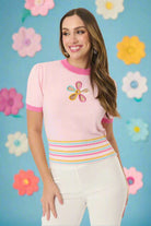 Smak Parlour Pink & Rainbow Flower Cutout Sweater Top by Unique Vintage as seen on celebrities