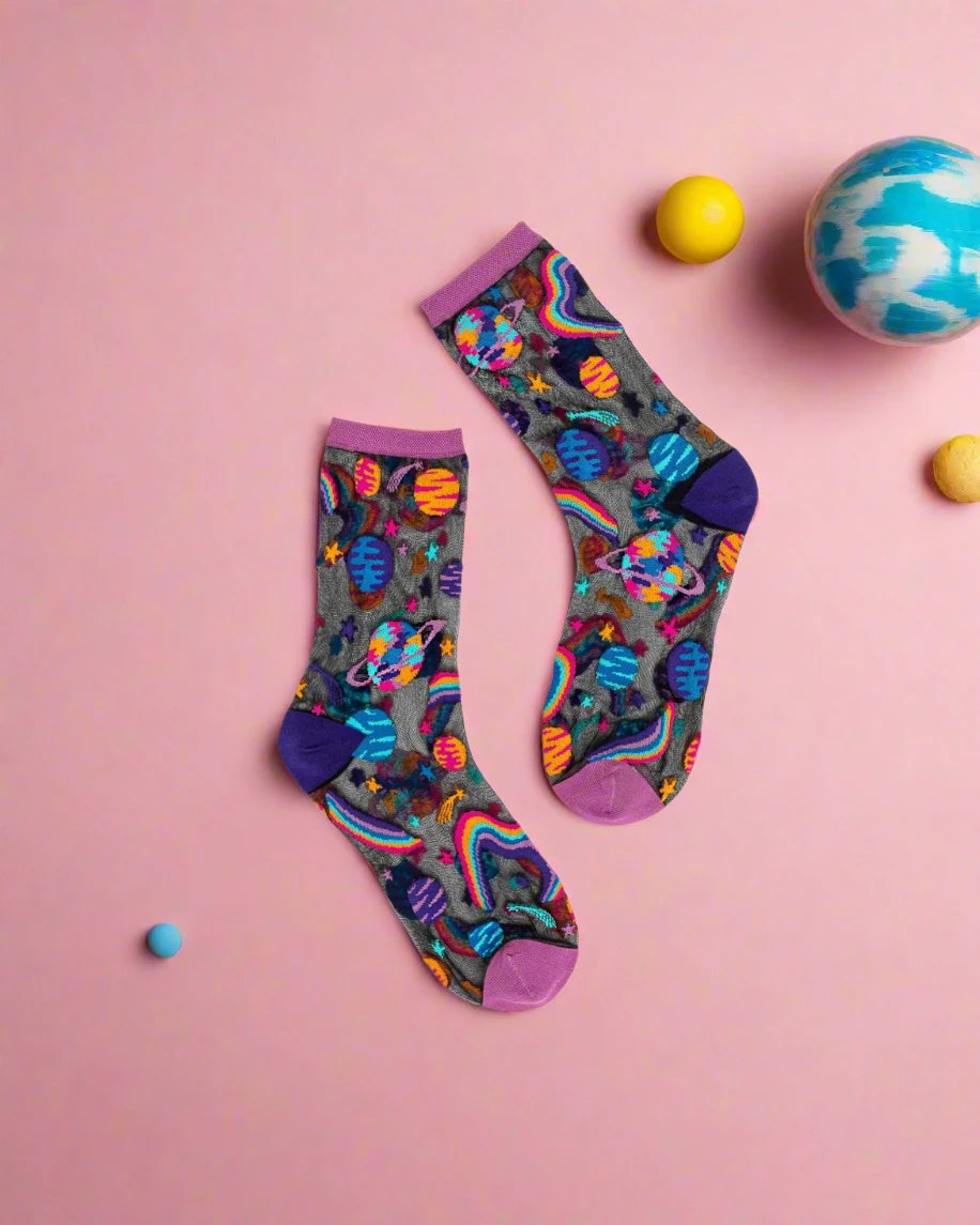 Shop Sock Candy Sock Candy Pop Art Planets Black Sheer Crew Sock online at Spoiled Brat