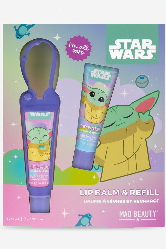 Star Wars-themed lip balm and refill set with packaging featuring Baby Yoda on a colorful background.