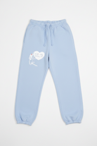 Light blue boys lie sweatpants with a heart design on a white background
