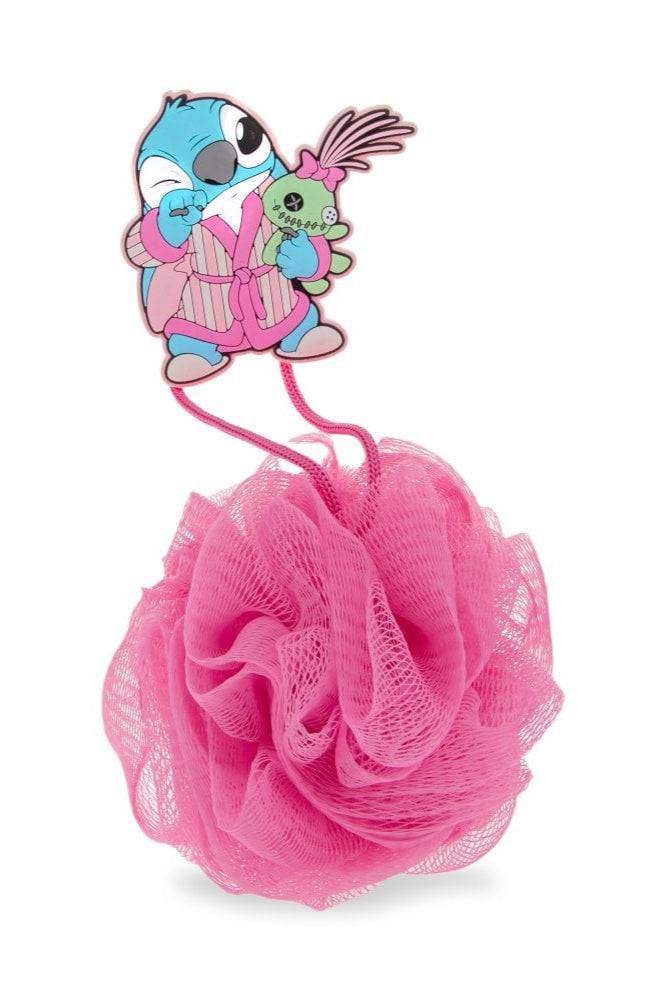 Pink bath pouf with a cartoon character on a white background
