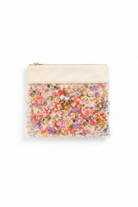 Floral patterned pouch with a white zipper on a white background