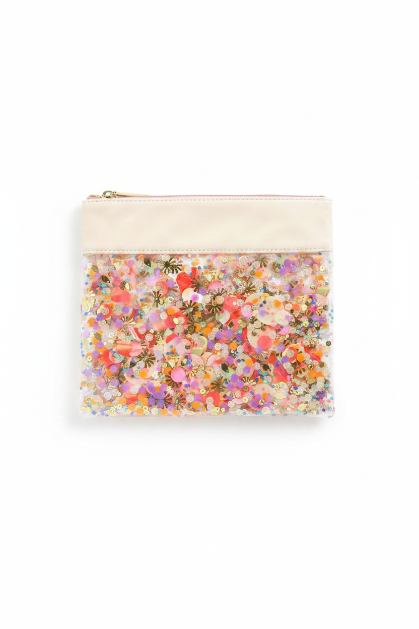 Floral patterned pouch with a white zipper on a white background