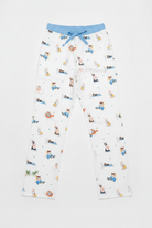 White pajama pants with cartoon character print on a white background