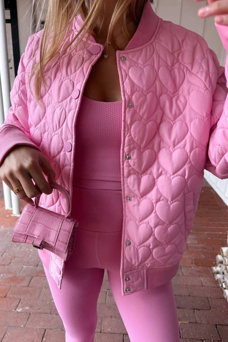 Shop Beach Riot Beach Riot Flight Jacket Prism Pink Heart Jacket for women – premium loungewear and festival fashion at Spoiled Brat