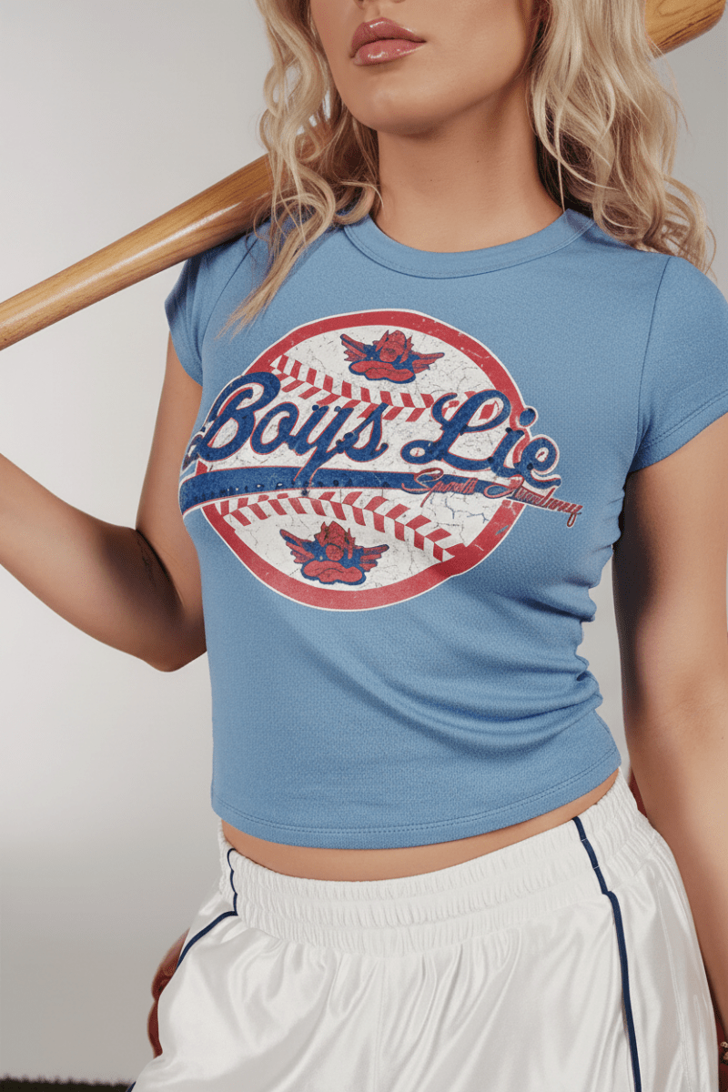 Shop Boys Lie Boys Lie Sporting Blues Baby Tee T-Shirt for women – premium loungewear and festival fashion at Spoiled Brat