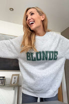 Shop Brunette The Label Brunette The Label "Blonde" Varsity Grey Not Your Boyfriend's Crew Sweater as seen on Catherine Tyldesley Sweater for women – premium loungewear and festival fashion at Spoiled Brat