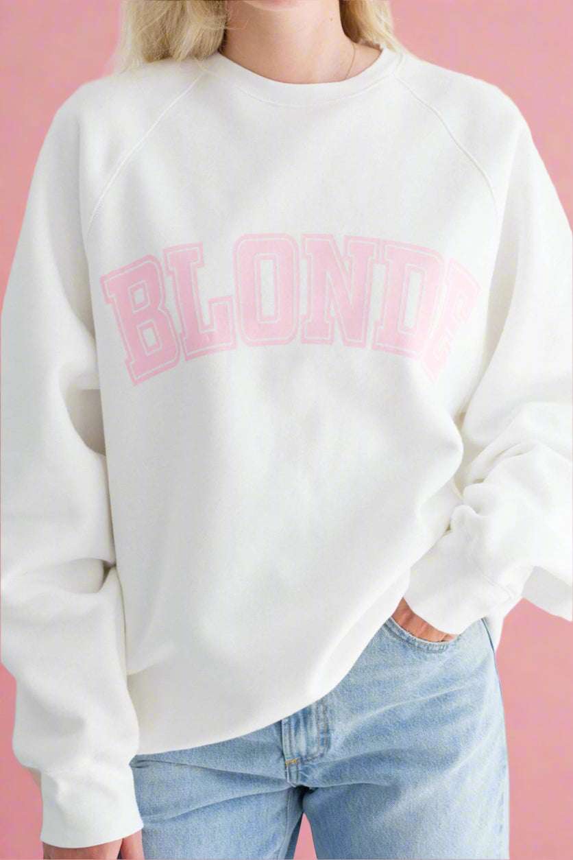 Brunette The Label "Blonde" Varsity Hair Colour Not Your Boyfriend's Crew Sweater by Brunette The Label – Sweater – Pink | Spoiled Brat UK