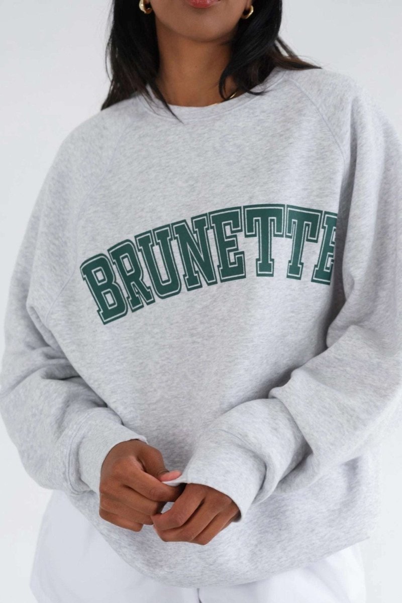 Shop Brunette The Label Brunette The Label "Brunette" Grey Varsity Hair Colour Not Your Boyfriend's Crew Sweater for women – premium loungewear and festival fashion at Spoiled Brat