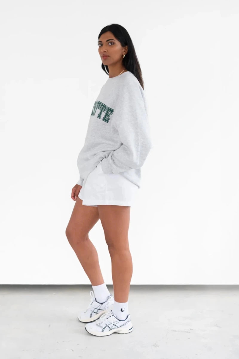 Shop Brunette The Label Brunette The Label "Brunette" Grey Varsity Hair Colour Not Your Boyfriend's Crew Sweater for women – premium loungewear and festival fashion at Spoiled Brat