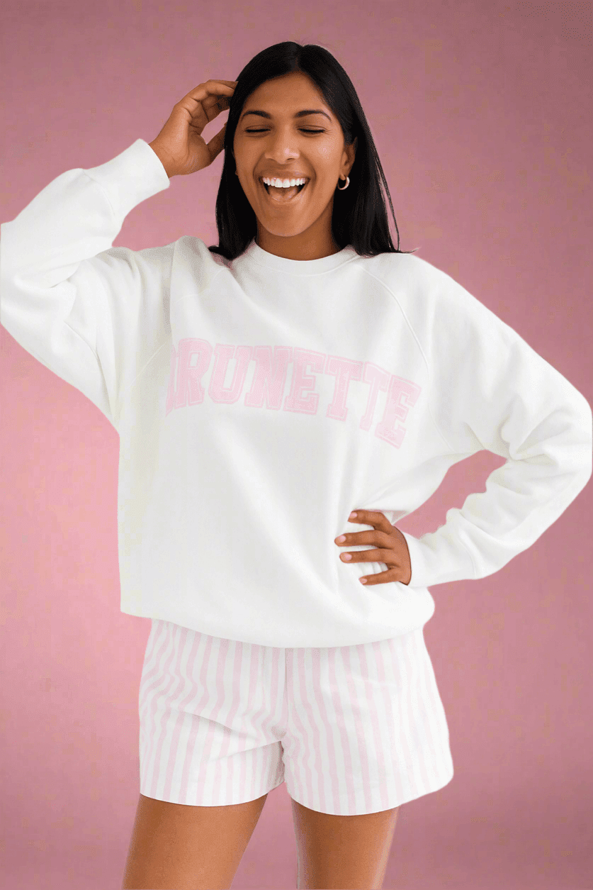 Brunette The Label "Brunette" Varsity Hair Colour Not Your Boyfriend's Crew Sweater by Brunette The Label – Sweater – Pink | Spoiled Brat UK