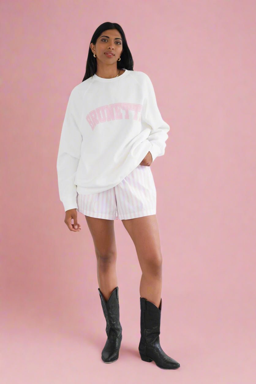 Brunette The Label "Brunette" Varsity Hair Colour Not Your Boyfriend's Crew Sweater by Brunette The Label – Sweater – Pink | Spoiled Brat UK