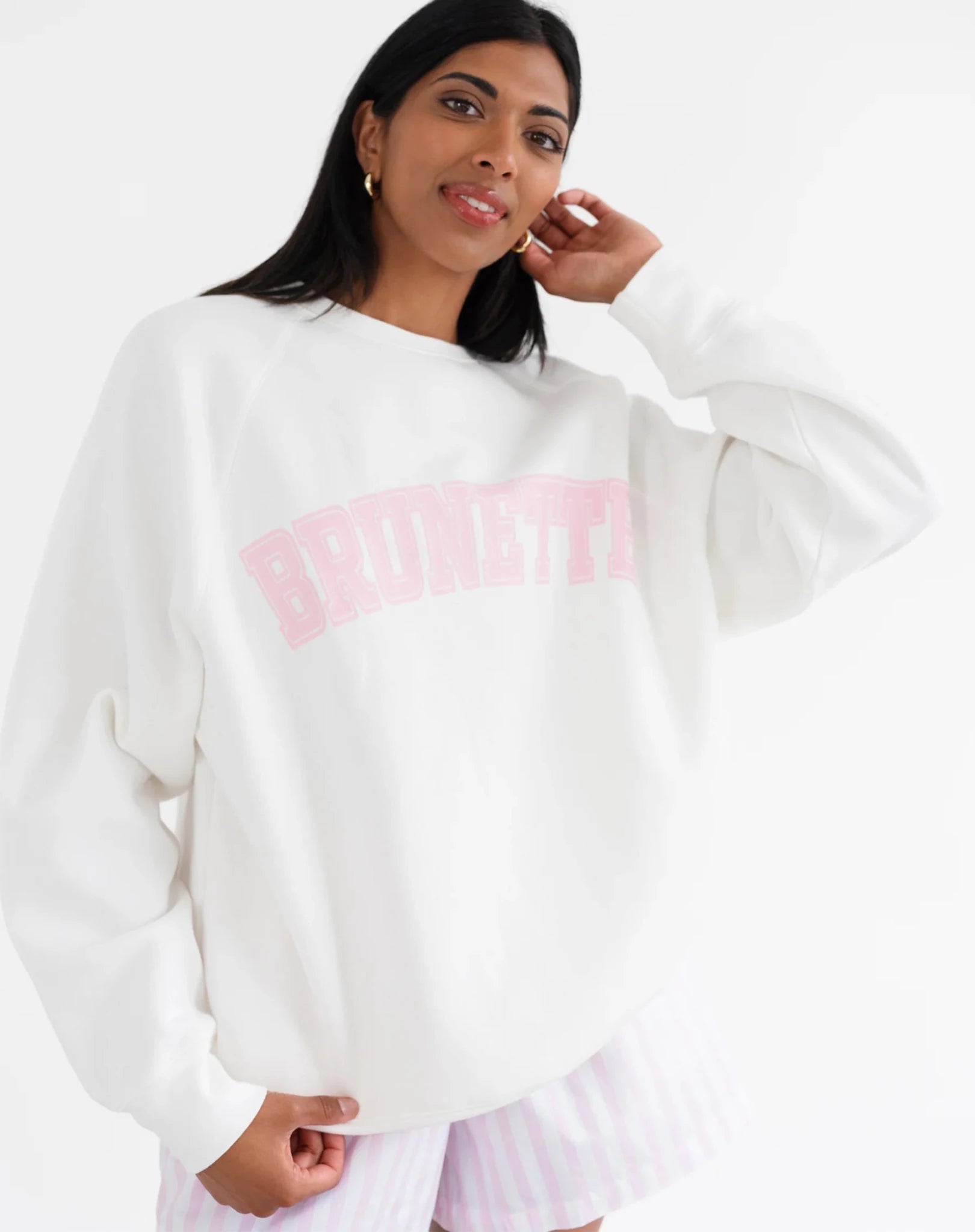 Brunette The Label "Brunette" Varsity Hair Colour Not Your Boyfriend's Crew Sweater by Brunette The Label – Sweater – Pink | Spoiled Brat UK