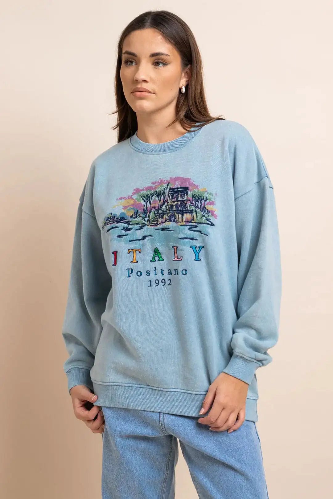 Shop Daisy Street Daisy Street Positano Italy Embroidered Sweater Hoodie for women – premium loungewear and festival fashion at Spoiled Brat