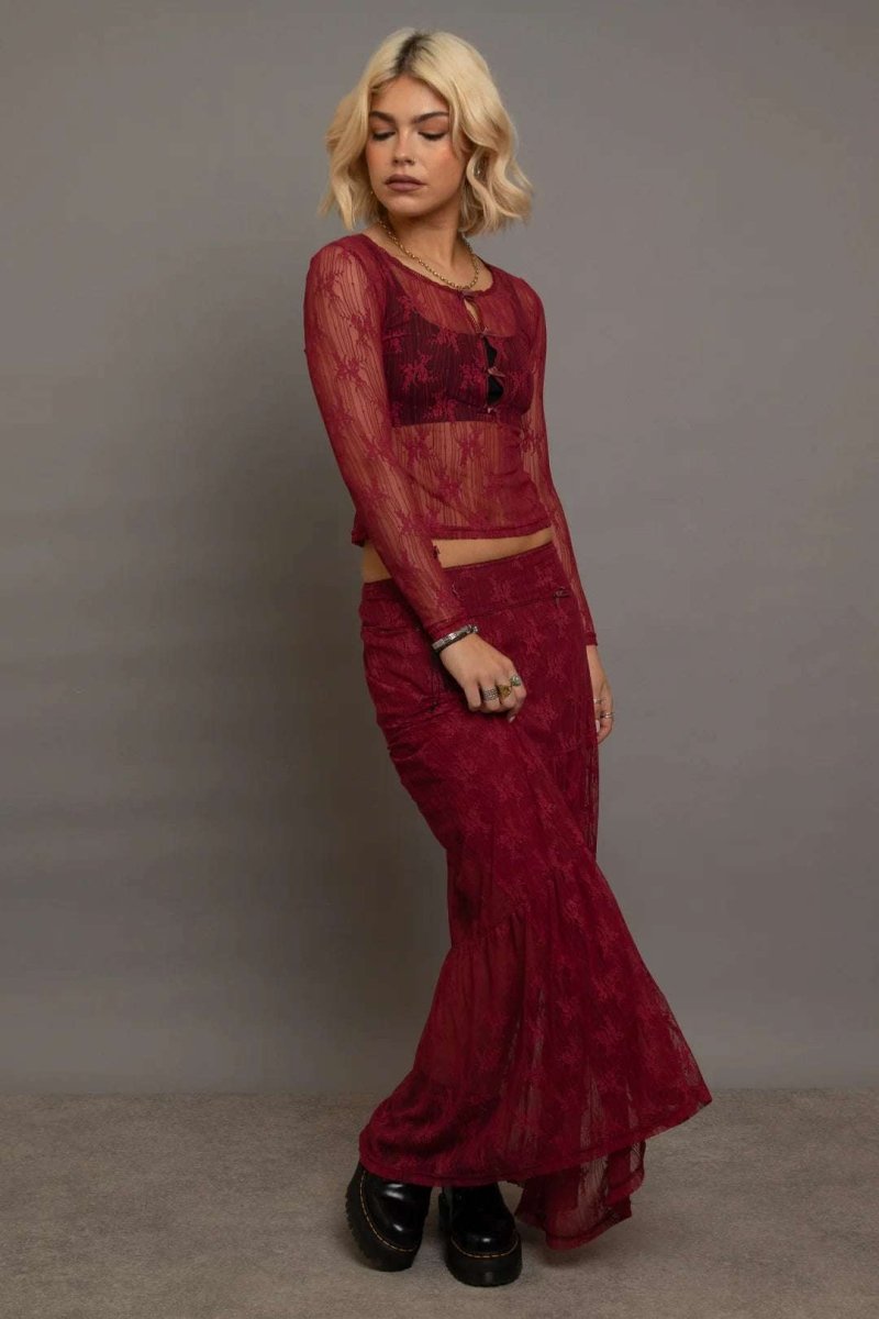 Shop Daisy Street Daisy Street Red Lace Maxi Skirt with Bows Maxi Skirt for women – premium loungewear and festival fashion at Spoiled Brat