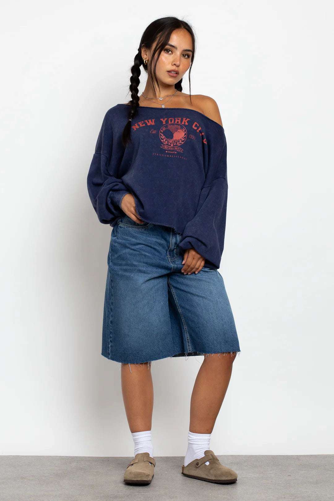 Shop Daisy Street Daisy Street Slashed Neck NYC Sweater Sweater for women – premium loungewear and festival fashion at Spoiled Brat