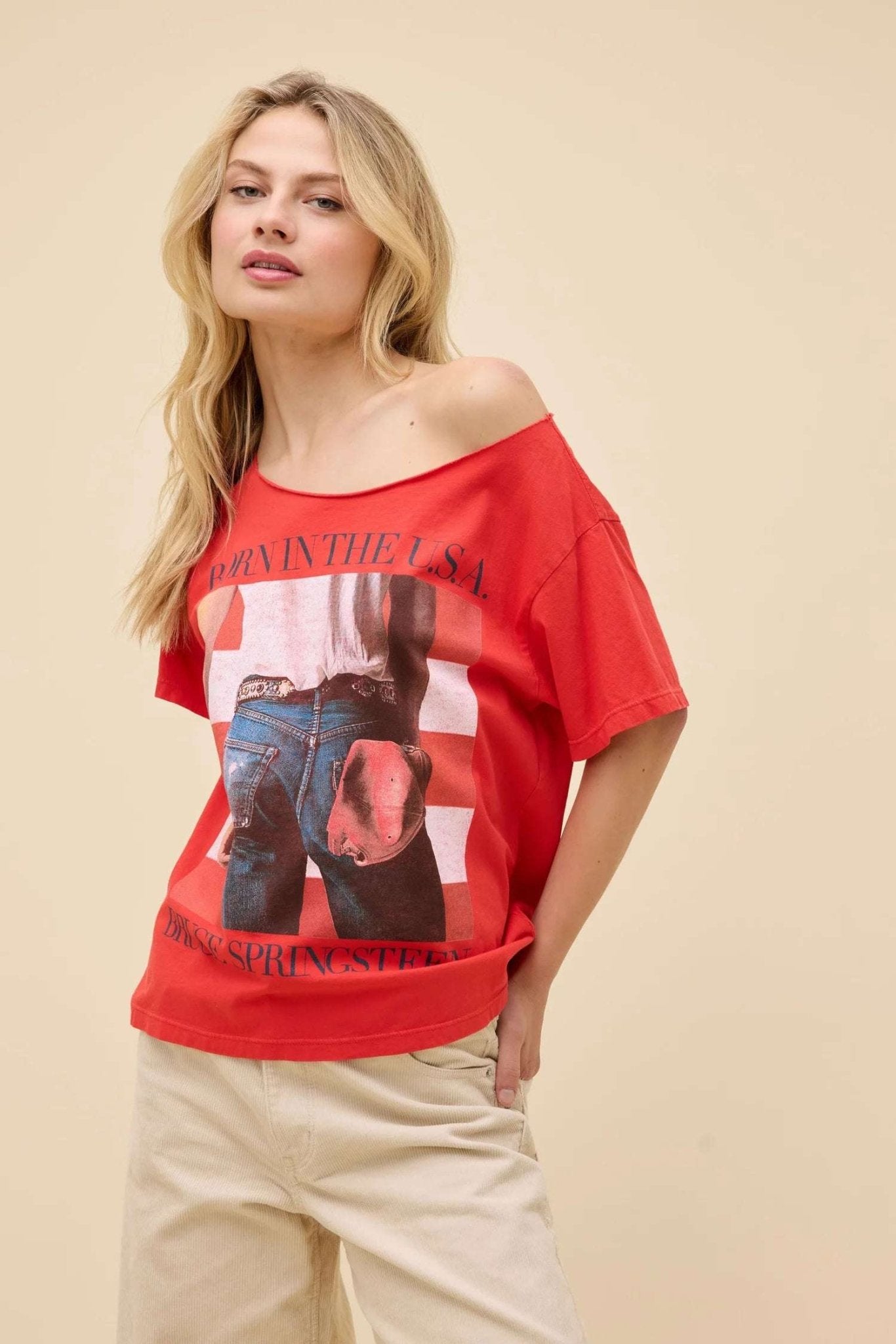 Daydreamer LA Bruce Springsteen Americana Off The Shoulder Tee as seen on Taylor Swift - Spoiled Brat