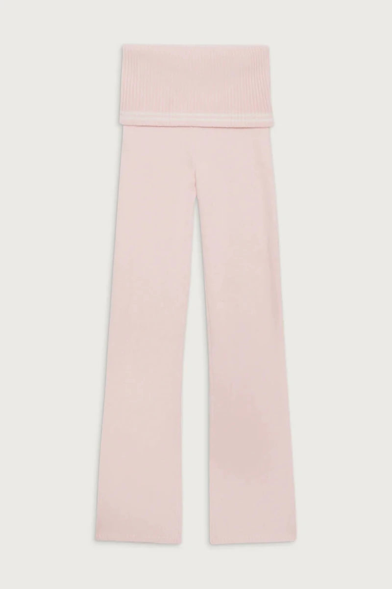 Shop Frankies Bikinis Frankies Bikinis Aimee Cloud Knit Flare Pant in Rosebud Pink Trousers for women – premium loungewear and festival fashion at Spoiled Brat