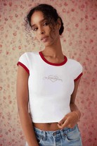Shop Frankies Bikinis Frankies Bikinis Archie Cotton Tee as seen on Madelaine Petsch & Amelia Gray Top for women – premium loungewear and festival fashion at Spoiled Brat