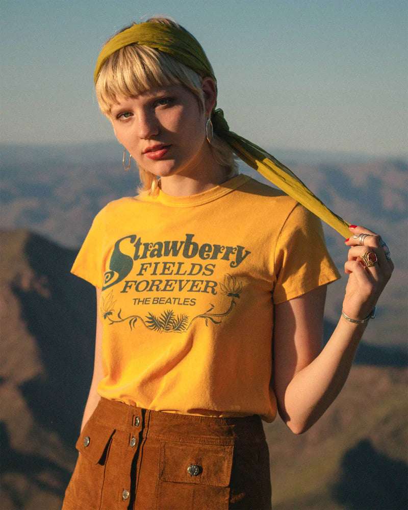 Shop Junk Food Junk Food Strawberry Fields The Beatles T-Shirt as seen on Sabrina Carpenter T-Shirt for women – premium loungewear and festival fashion at Spoiled Brat