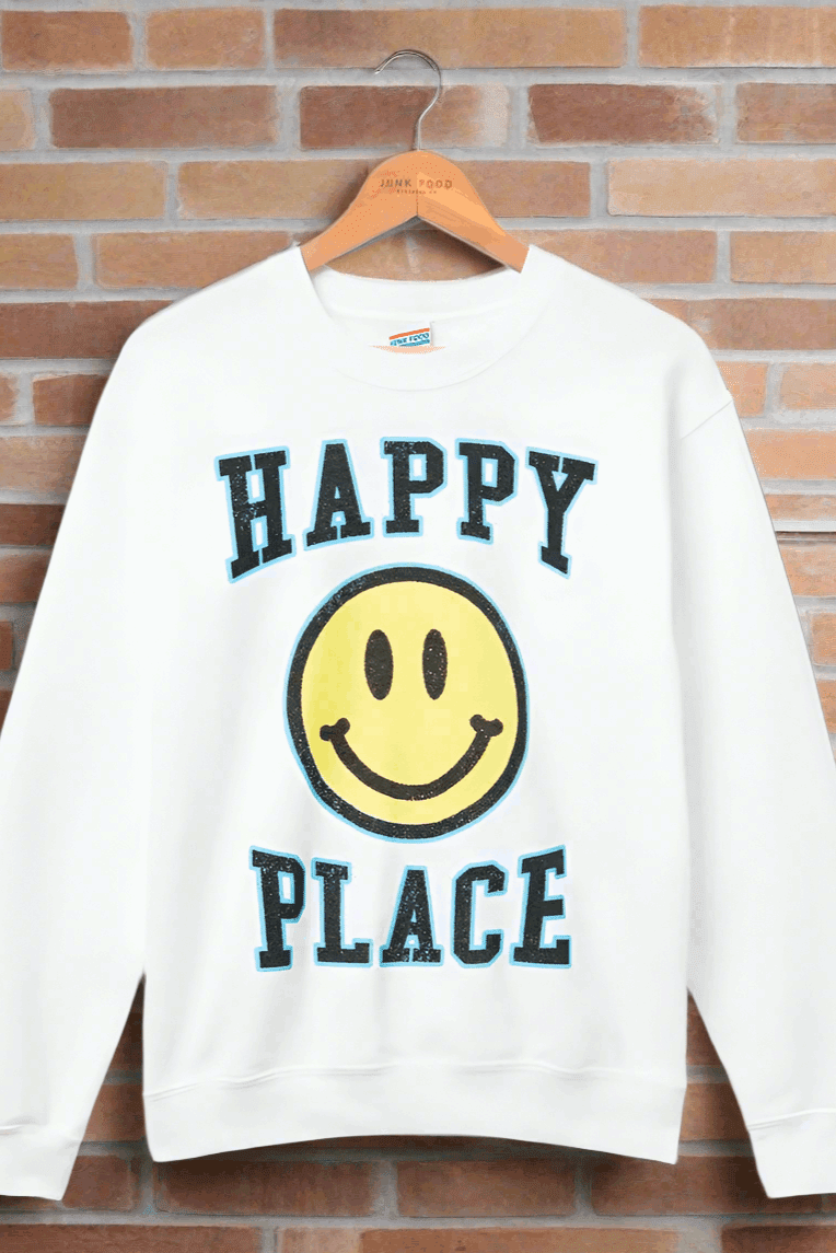 Shop Junk Food Junk Food Womens Happy Place Flea Market Fleece Sweater T-Shirt for women – premium loungewear and festival fashion at Spoiled Brat
