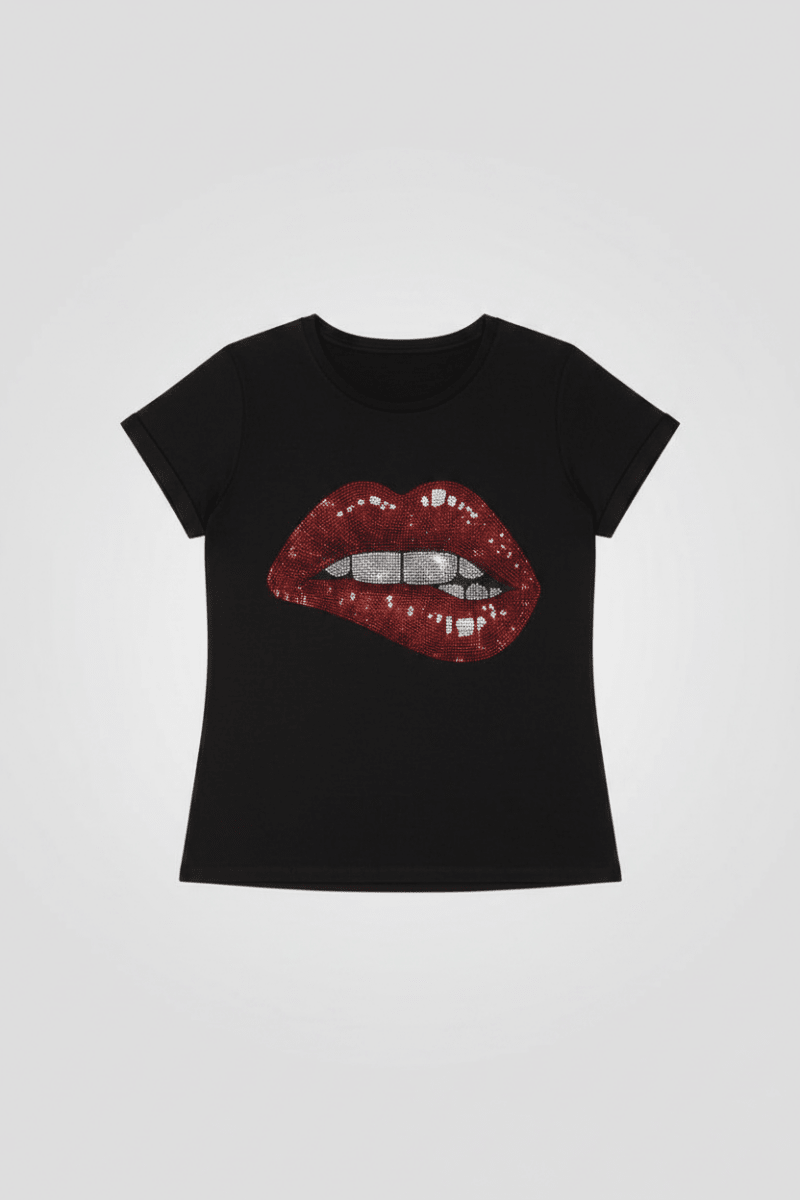 Shop Lauren Moshi Lauren Moshi Edda Crystal Biting Lip T-Shirt T-Shirt for women – premium loungewear and festival fashion at Spoiled Brat