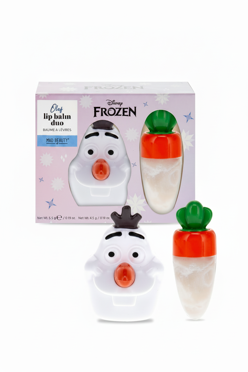 Two lip balms resembling characters from 'Frozen' with a branded box on a white background