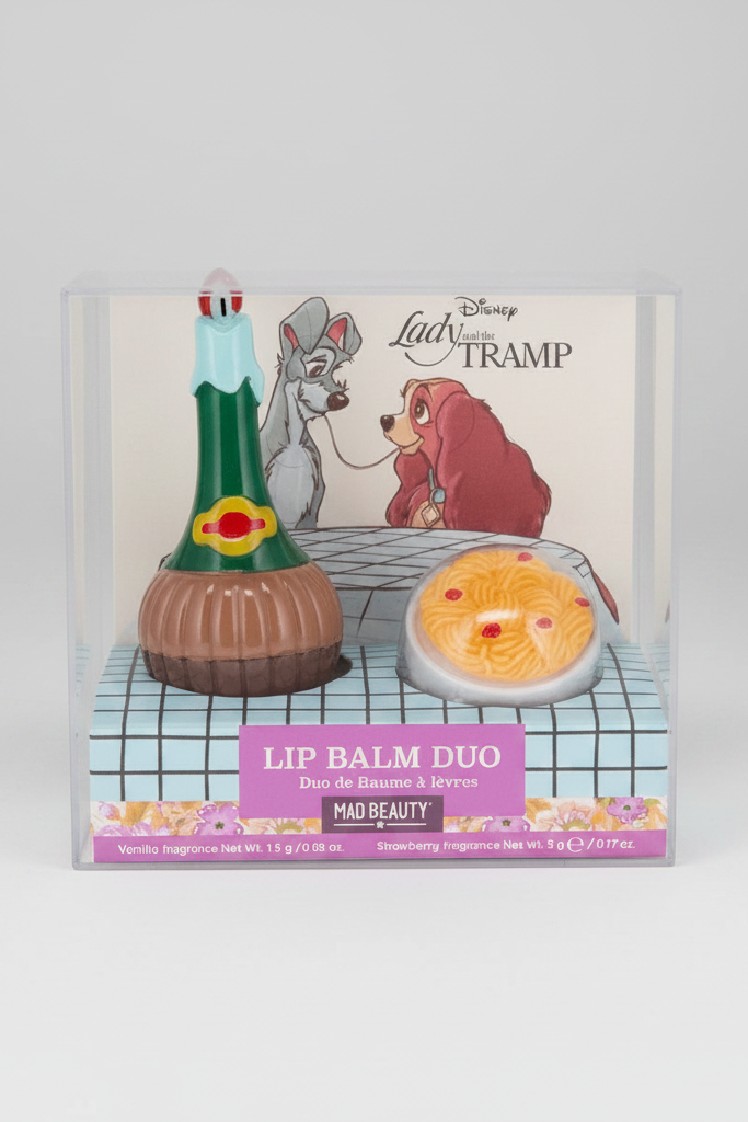 Lip balm duo packaging featuring characters from 'Lady and the Tramp' on a white background.