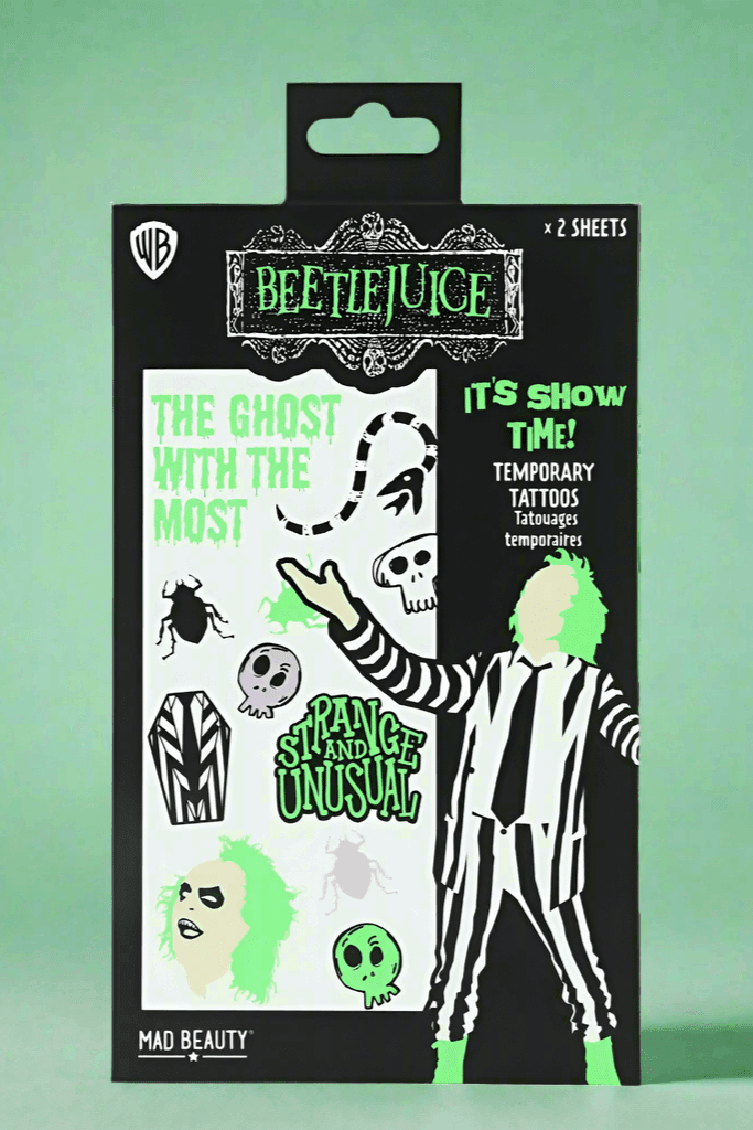Shop Mad Beauty Warner Brothers Beetlejuice Body Tattoos Face Tattoo for women – premium loungewear and festival fashion at Spoiled Brat
