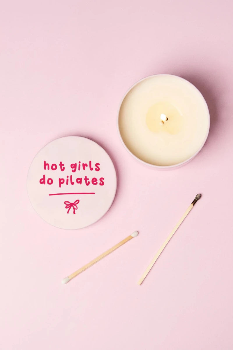 Shop Mischief Candles Hot Girls Do Pilates Pink Tin Candle Candles for women – premium loungewear and festival fashion at Spoiled Brat