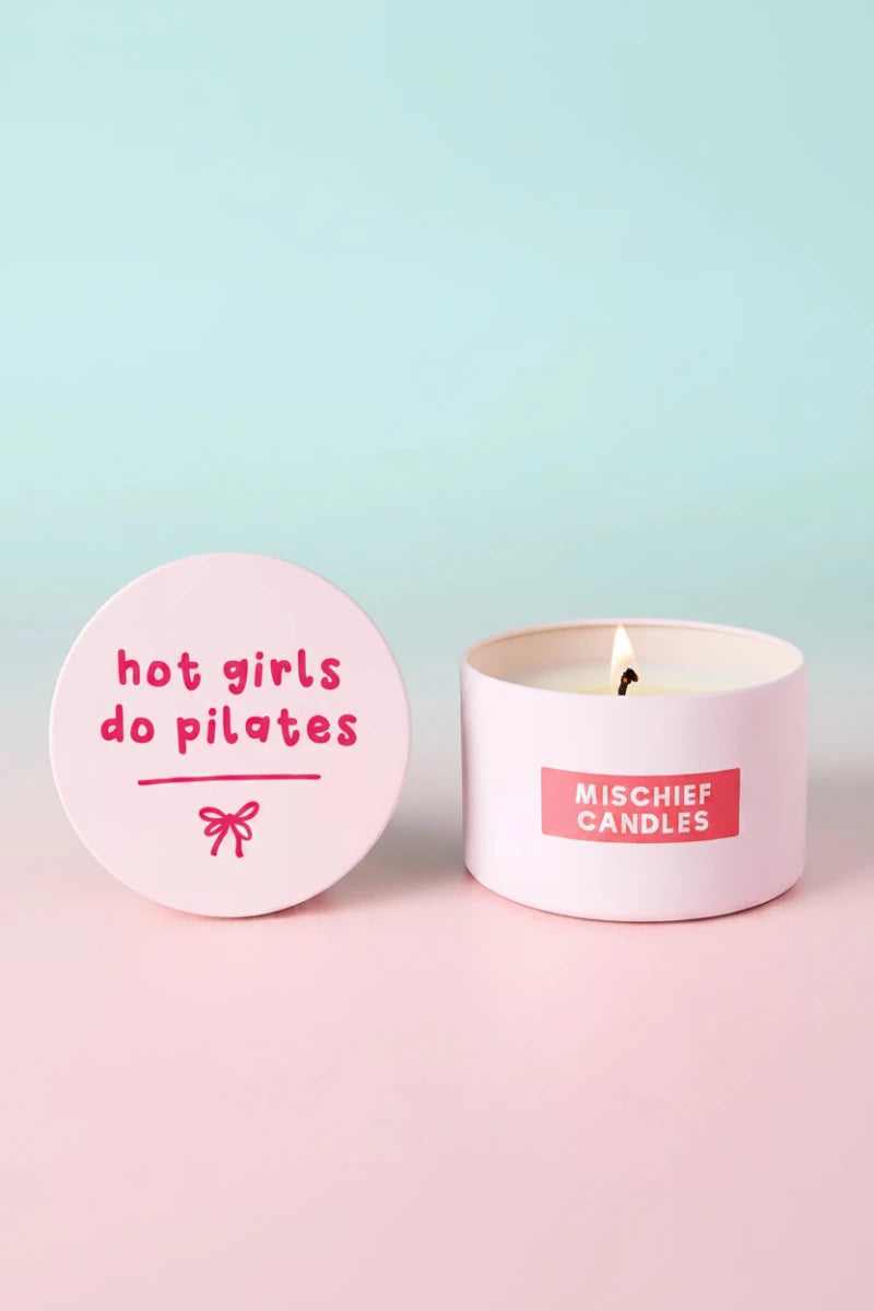 Shop Mischief Candles Hot Girls Do Pilates Pink Tin Candle Candles for women – premium loungewear and festival fashion at Spoiled Brat