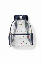 Clear backpack with multicolored studs and navy accents on a white background